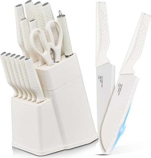 Knife Set, 15-Piece Kitchen Knife Block Set with Sharpener, High Carbon Steel Chef Paring Steak Knives with Ergonomic Non-Slip Handle, Anti-Rust & Razor Sharp, White