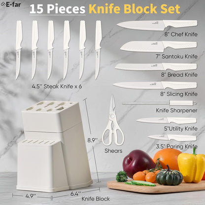 Knife Set, 15-Piece Kitchen Knife Block Set with Sharpener, High Carbon Steel Chef Paring Steak Knives with Ergonomic Non-Slip Handle, Anti-Rust & Razor Sharp, White