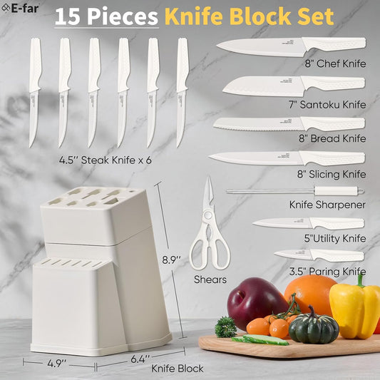 Knife Set, 15-Piece Kitchen Knife Block Set with Sharpener, High Carbon Steel Chef Paring Steak Knives with Ergonomic Non-Slip Handle, Anti-Rust & Razor Sharp, White
