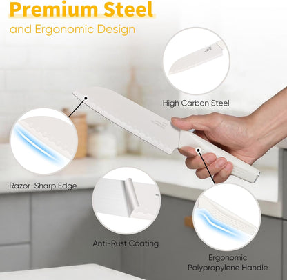 Knife Set, 15-Piece Kitchen Knife Block Set with Sharpener, High Carbon Steel Chef Paring Steak Knives with Ergonomic Non-Slip Handle, Anti-Rust & Razor Sharp, White