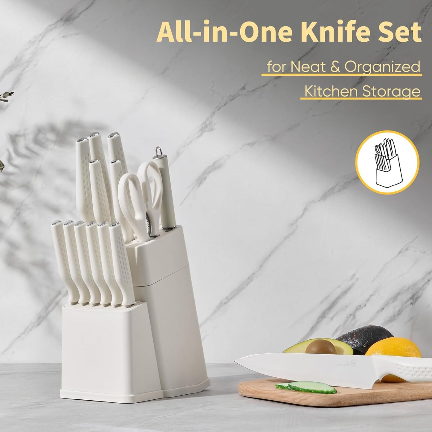 Knife Set, 15-Piece Kitchen Knife Block Set with Sharpener, High Carbon Steel Chef Paring Steak Knives with Ergonomic Non-Slip Handle, Anti-Rust & Razor Sharp, White