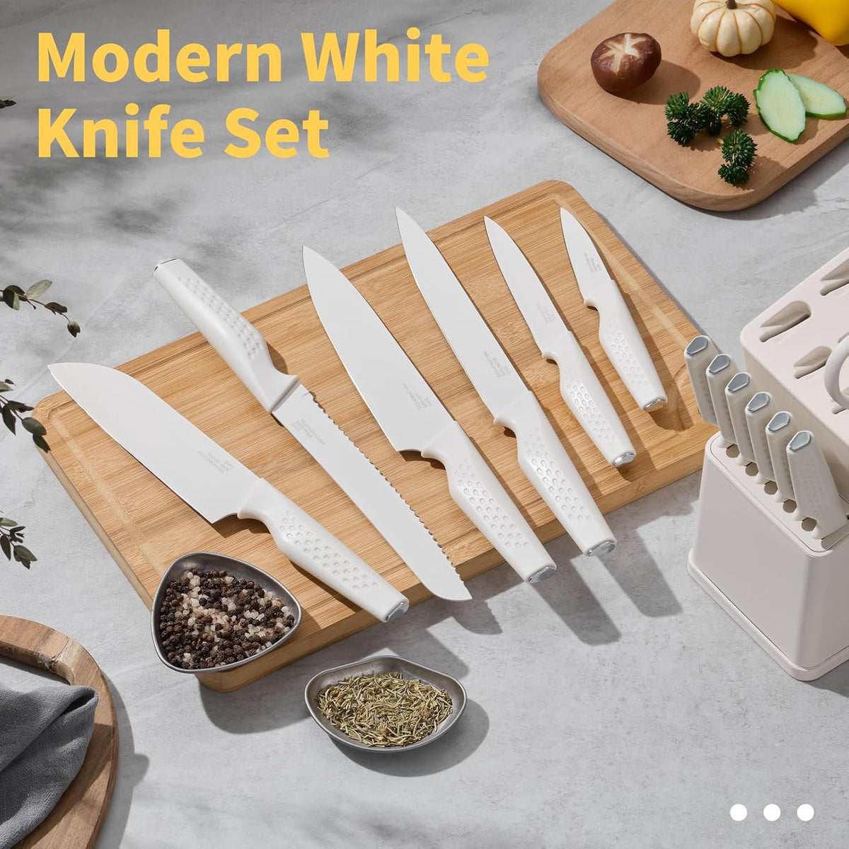 Knife Set, 15-Piece Kitchen Knife Block Set with Sharpener, High Carbon Steel Chef Paring Steak Knives with Ergonomic Non-Slip Handle, Anti-Rust & Razor Sharp, White