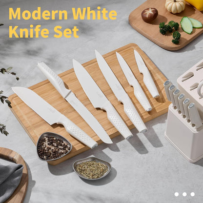Knife Set, 15-Piece Kitchen Knife Block Set with Sharpener, High Carbon Steel Chef Paring Steak Knives with Ergonomic Non-Slip Handle, Anti-Rust & Razor Sharp, White
