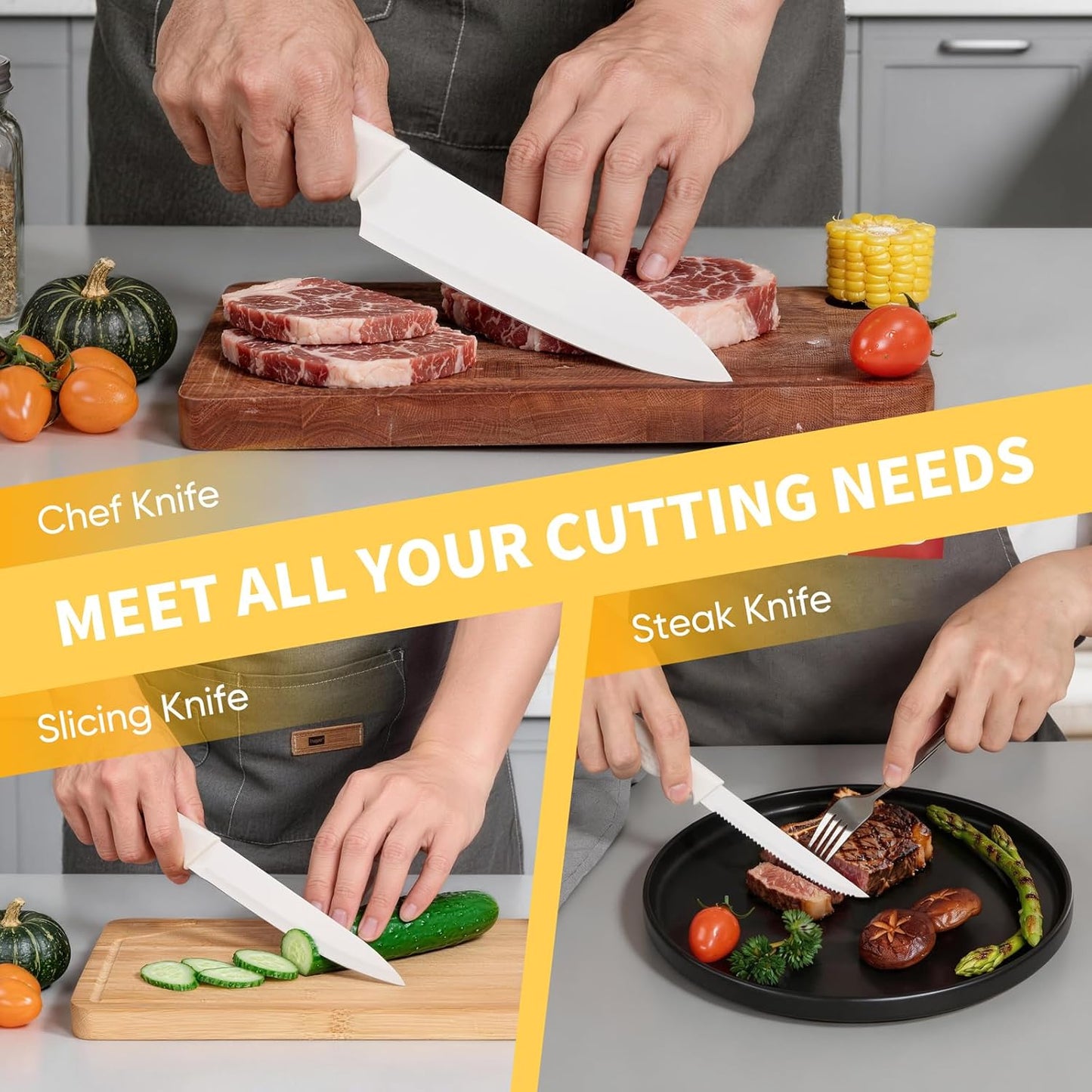 Knife Set, 15-Piece Kitchen Knife Block Set with Sharpener, High Carbon Steel Chef Paring Steak Knives with Ergonomic Non-Slip Handle, Anti-Rust & Razor Sharp, White