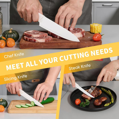 Knife Set, 15-Piece Kitchen Knife Block Set with Sharpener, High Carbon Steel Chef Paring Steak Knives with Ergonomic Non-Slip Handle, Anti-Rust & Razor Sharp, White
