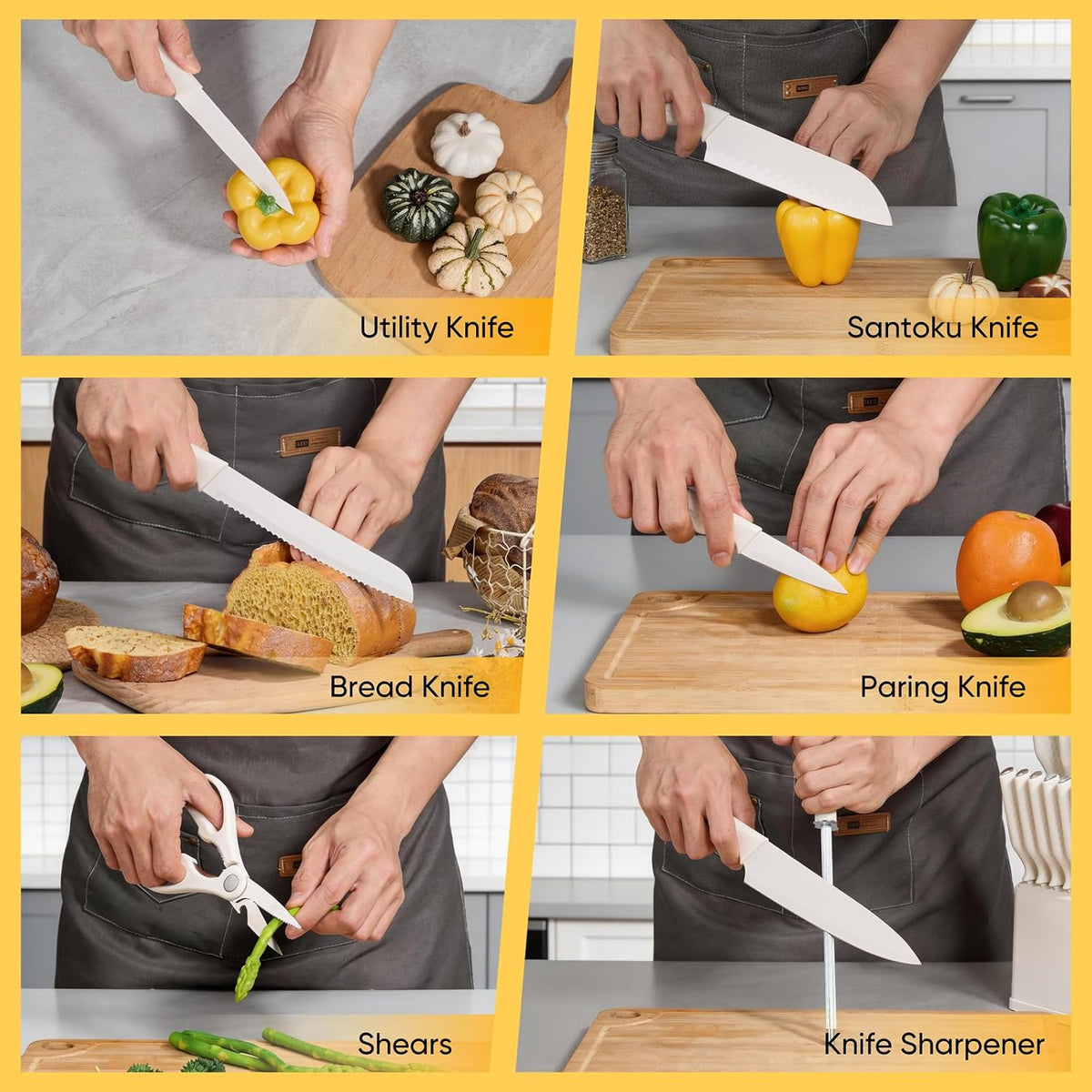 Knife Set, 15-Piece Kitchen Knife Block Set with Sharpener, High Carbon Steel Chef Paring Steak Knives with Ergonomic Non-Slip Handle, Anti-Rust & Razor Sharp, White