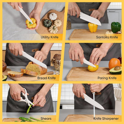 Knife Set, 15-Piece Kitchen Knife Block Set with Sharpener, High Carbon Steel Chef Paring Steak Knives with Ergonomic Non-Slip Handle, Anti-Rust & Razor Sharp, White