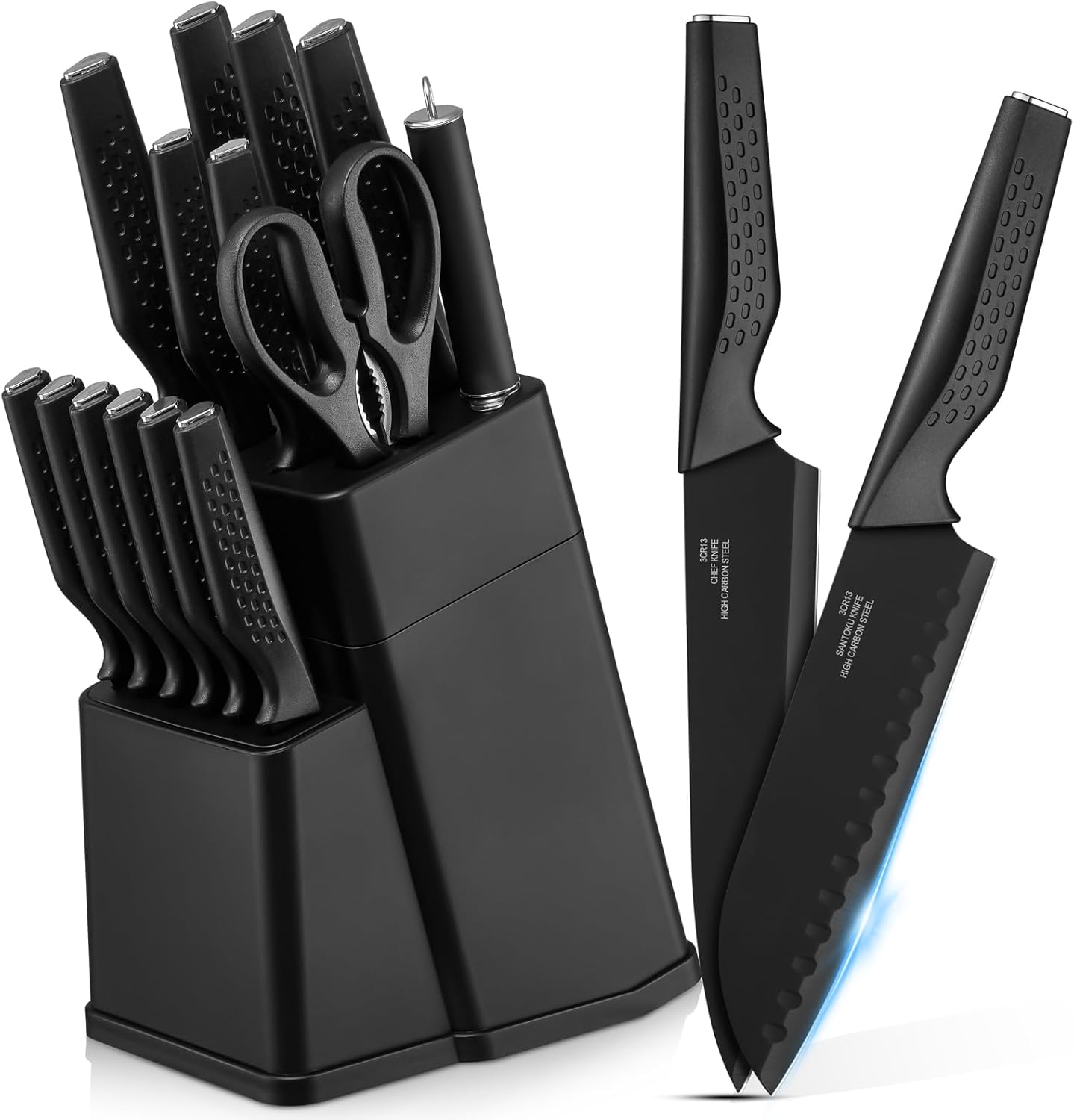 Knife Set, 15-Piece Kitchen Knife Block Set with Sharpener, High Carbon Steel Chef Paring Steak Knives with Ergonomic Non-Slip Handle, Anti-Rust & Razor Sharp, White