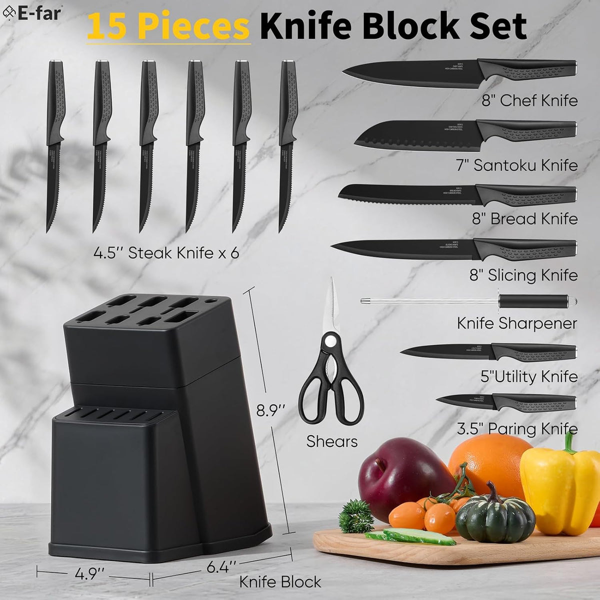 Knife Set, 15-Piece Kitchen Knife Block Set with Sharpener, High Carbon Steel Chef Paring Steak Knives with Ergonomic Non-Slip Handle, Anti-Rust & Razor Sharp, White