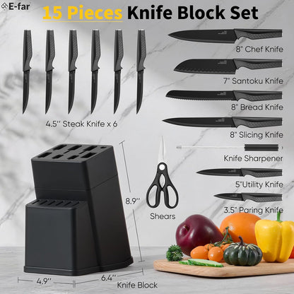 Knife Set, 15-Piece Kitchen Knife Block Set with Sharpener, High Carbon Steel Chef Paring Steak Knives with Ergonomic Non-Slip Handle, Anti-Rust & Razor Sharp, White