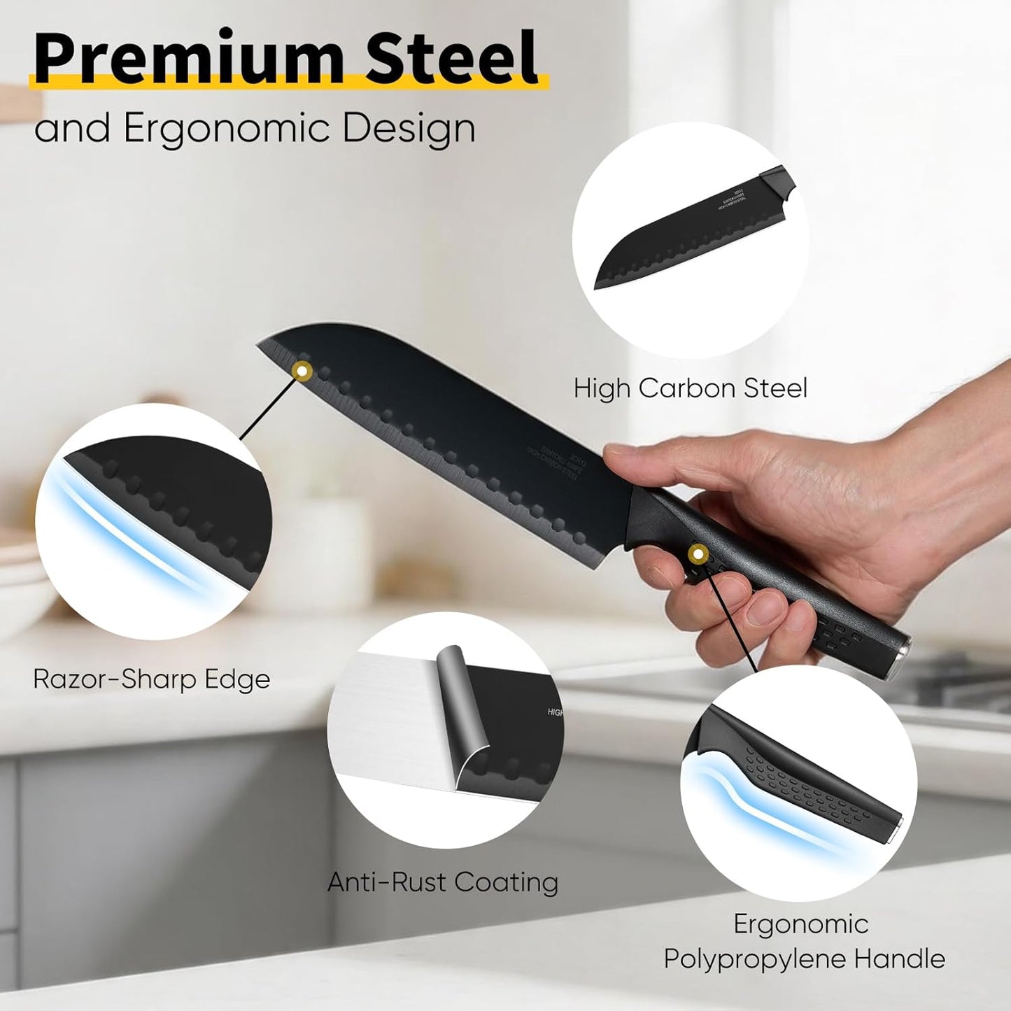 Knife Set, 15-Piece Kitchen Knife Block Set with Sharpener, High Carbon Steel Chef Paring Steak Knives with Ergonomic Non-Slip Handle, Anti-Rust & Razor Sharp, White