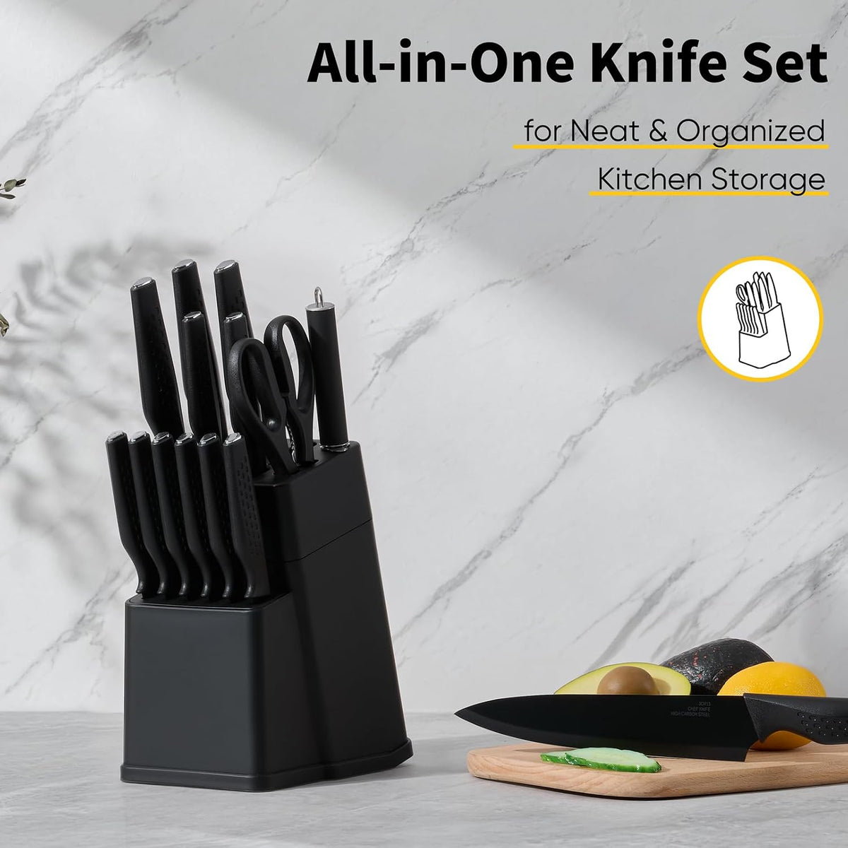 Knife Set, 15-Piece Kitchen Knife Block Set with Sharpener, High Carbon Steel Chef Paring Steak Knives with Ergonomic Non-Slip Handle, Anti-Rust & Razor Sharp, White