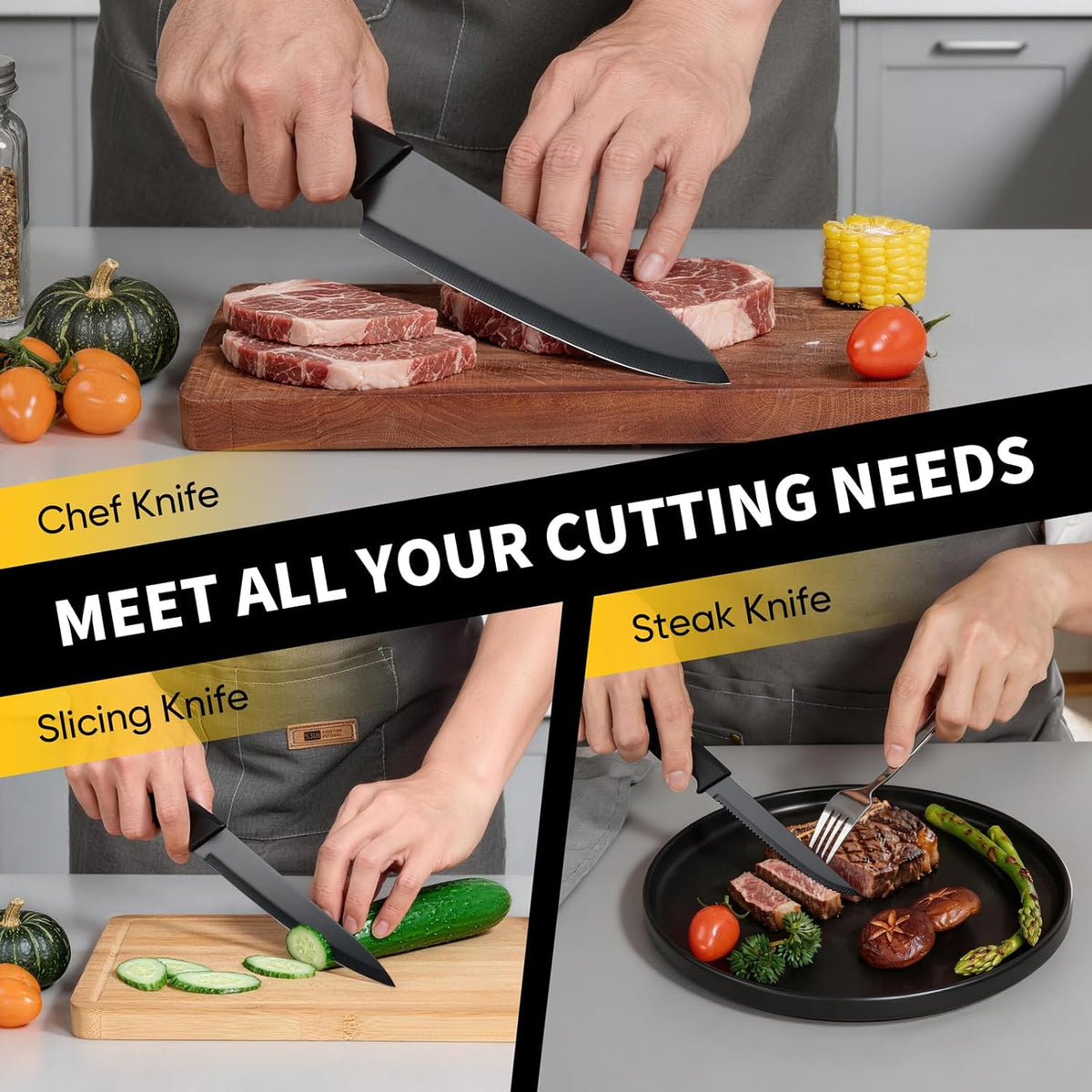 Knife Set, 15-Piece Kitchen Knife Block Set with Sharpener, High Carbon Steel Chef Paring Steak Knives with Ergonomic Non-Slip Handle, Anti-Rust & Razor Sharp, White