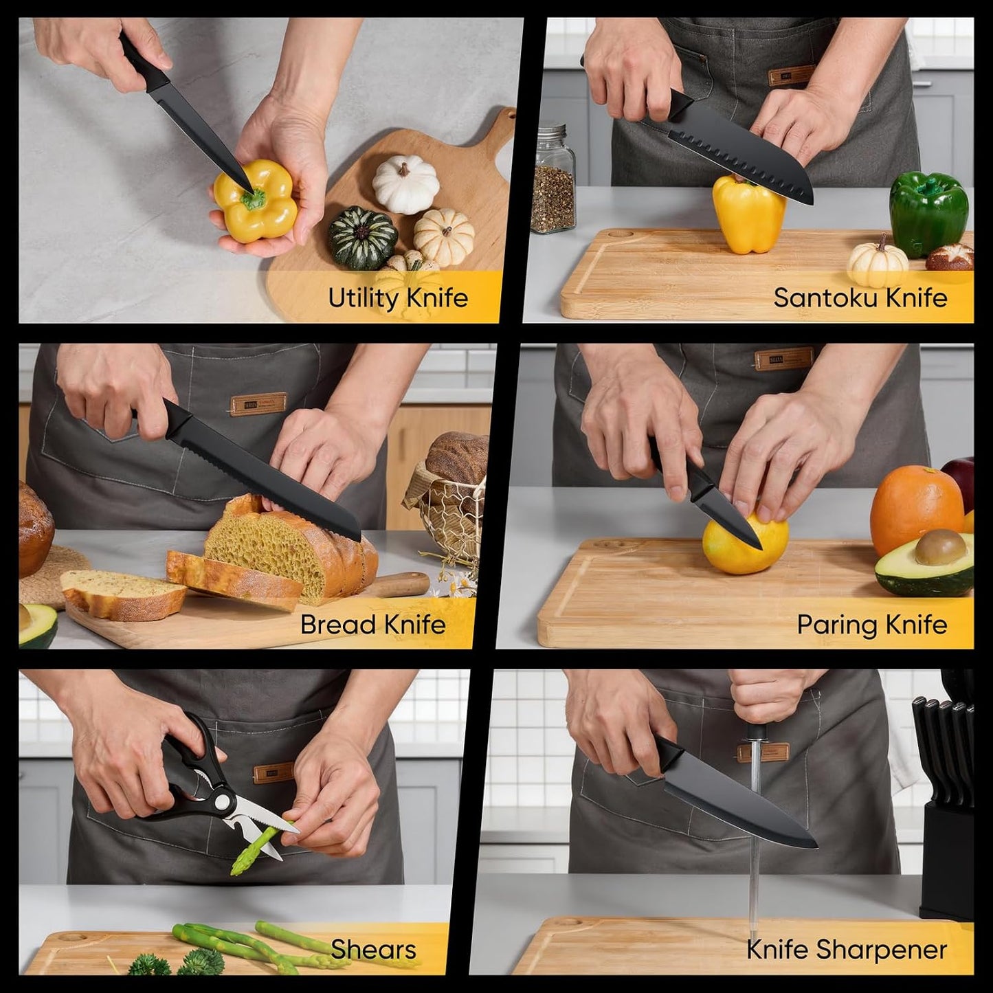 Knife Set, 15-Piece Kitchen Knife Block Set with Sharpener, High Carbon Steel Chef Paring Steak Knives with Ergonomic Non-Slip Handle, Anti-Rust & Razor Sharp, White