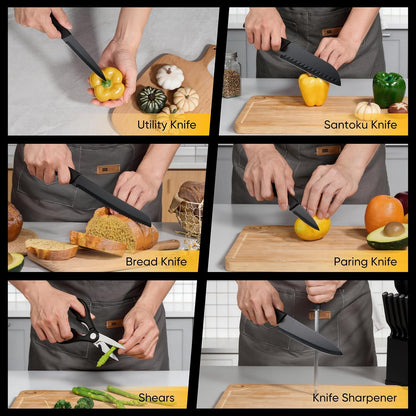 Knife Set, 15-Piece Kitchen Knife Block Set with Sharpener, High Carbon Steel Chef Paring Steak Knives with Ergonomic Non-Slip Handle, Anti-Rust & Razor Sharp, White