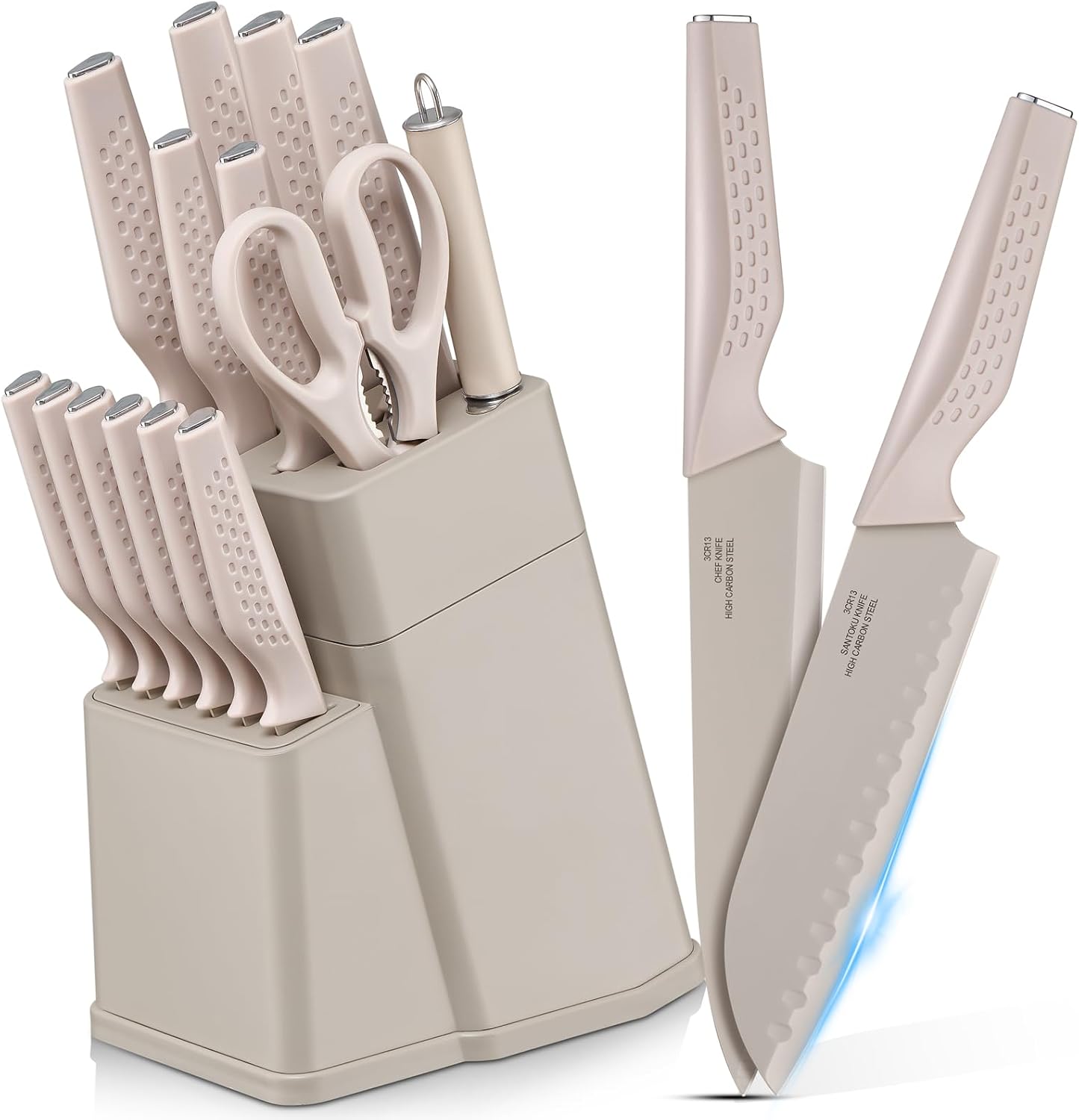 Knife Set, 15-Piece Kitchen Knife Block Set with Sharpener, High Carbon Steel Chef Paring Steak Knives with Ergonomic Non-Slip Handle, Anti-Rust & Razor Sharp, White