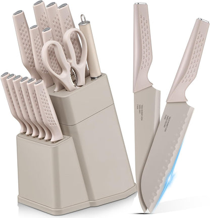 Knife Set, 15-Piece Kitchen Knife Block Set with Sharpener, High Carbon Steel Chef Paring Steak Knives with Ergonomic Non-Slip Handle, Anti-Rust & Razor Sharp, White