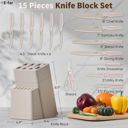 Knife Set, 15-Piece Kitchen Knife Block Set with Sharpener, High Carbon Steel Chef Paring Steak Knives with Ergonomic Non-Slip Handle, Anti-Rust & Razor Sharp, White