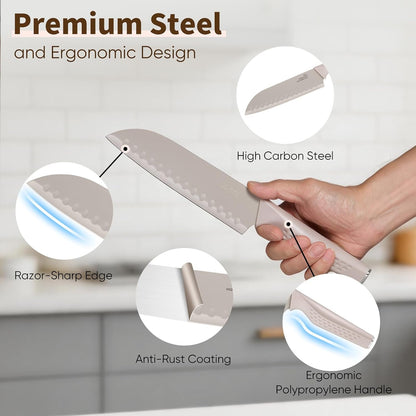 Knife Set, 15-Piece Kitchen Knife Block Set with Sharpener, High Carbon Steel Chef Paring Steak Knives with Ergonomic Non-Slip Handle, Anti-Rust & Razor Sharp, White
