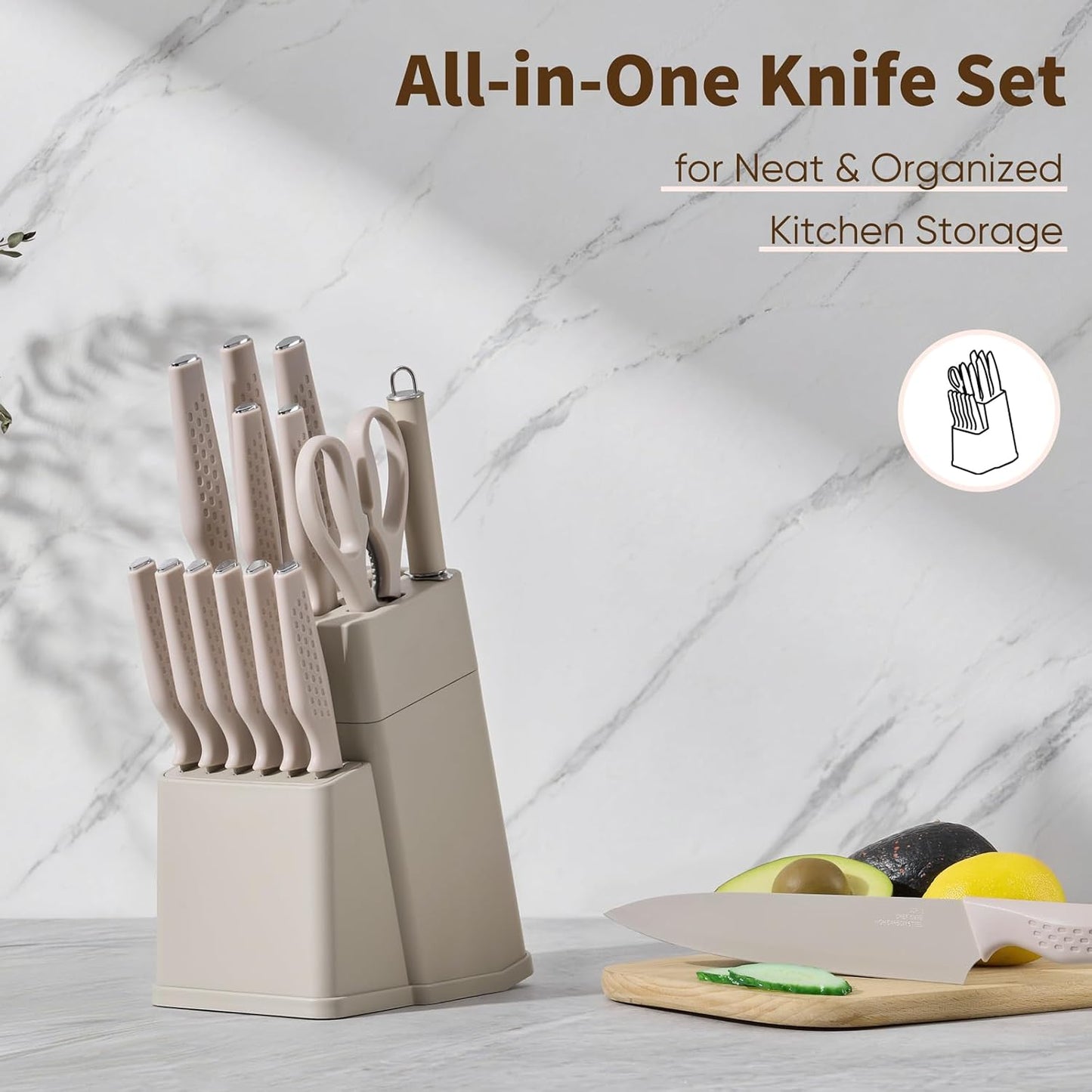Knife Set, 15-Piece Kitchen Knife Block Set with Sharpener, High Carbon Steel Chef Paring Steak Knives with Ergonomic Non-Slip Handle, Anti-Rust & Razor Sharp, White