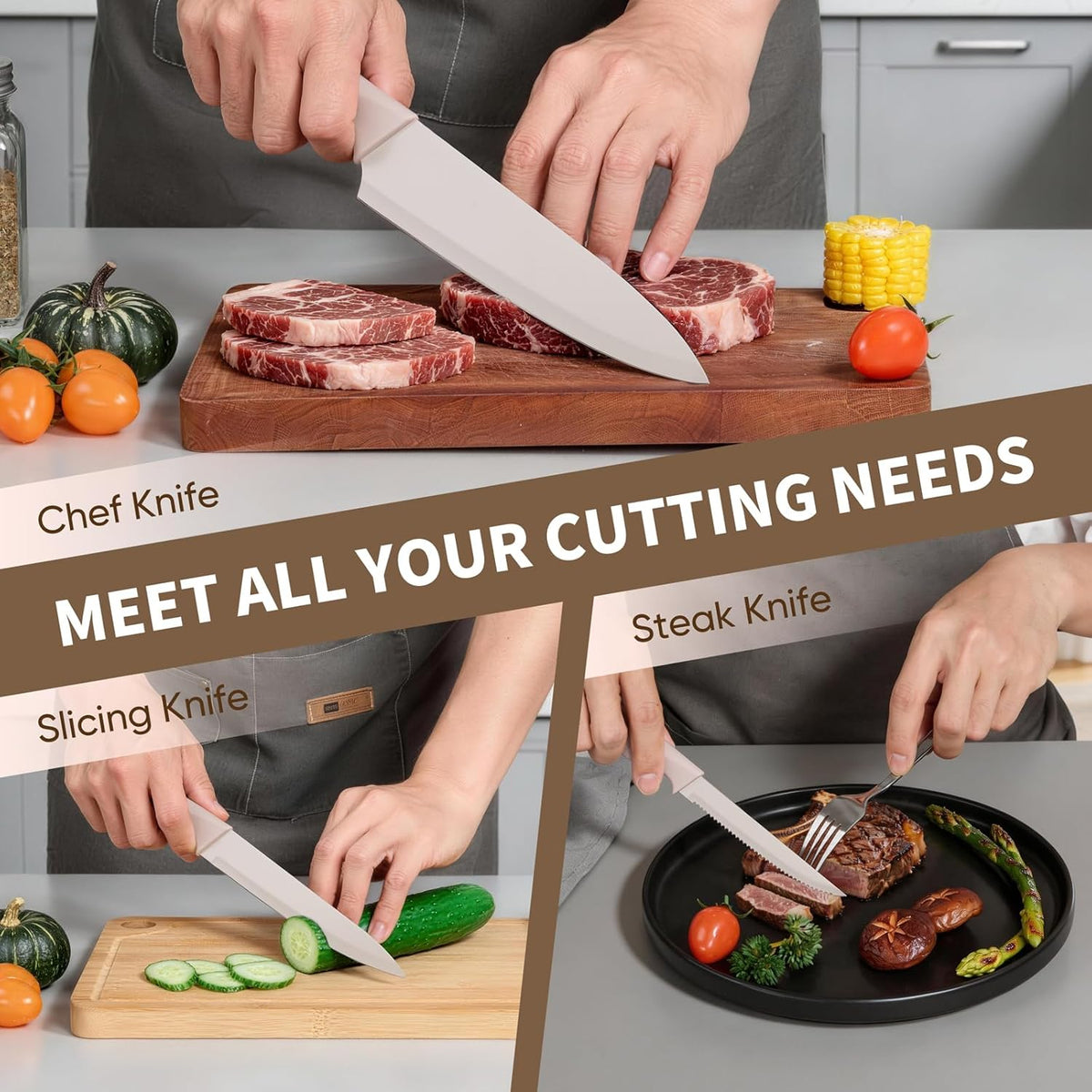 Knife Set, 15-Piece Kitchen Knife Block Set with Sharpener, High Carbon Steel Chef Paring Steak Knives with Ergonomic Non-Slip Handle, Anti-Rust & Razor Sharp, White
