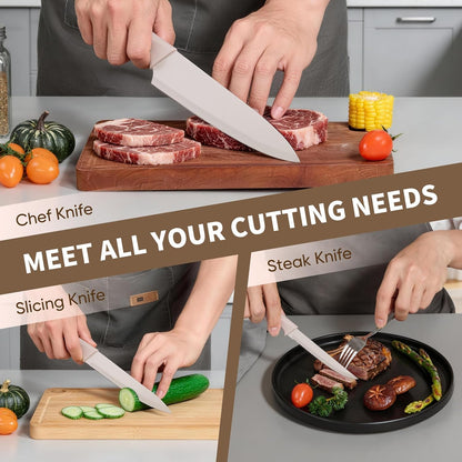 Knife Set, 15-Piece Kitchen Knife Block Set with Sharpener, High Carbon Steel Chef Paring Steak Knives with Ergonomic Non-Slip Handle, Anti-Rust & Razor Sharp, White