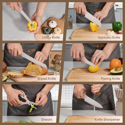 Knife Set, 15-Piece Kitchen Knife Block Set with Sharpener, High Carbon Steel Chef Paring Steak Knives with Ergonomic Non-Slip Handle, Anti-Rust & Razor Sharp, White