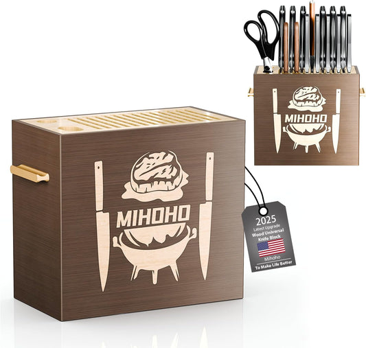 Wood Universal Knife Block with Slots, Wood Knife Holder/Knife Organizer, Unique Knife Storage for Counter Top with Anti-Slip Base (Walnut D)