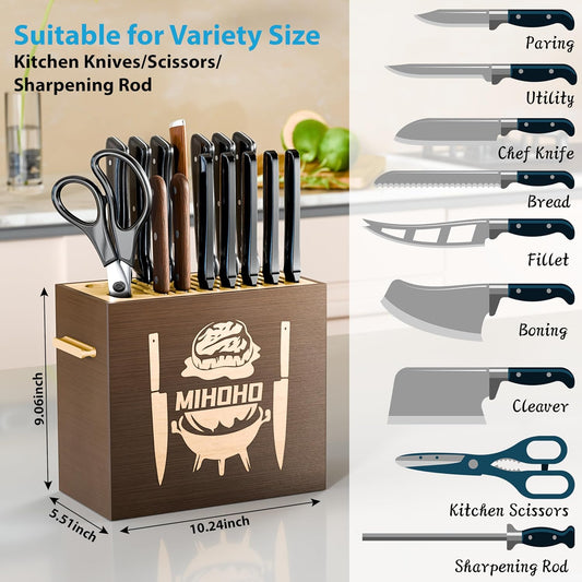 Wood Universal Knife Block with Slots, Wood Knife Holder/Knife Organizer, Unique Knife Storage for Counter Top with Anti-Slip Base (Walnut D)