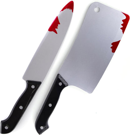 Fake Bloody Knife Set for Halloween - Bloody Knife Prop Set with Meat Cleaver and Kitchen Knife - Two Highly Detailed Plastic Knives for Halloween Costumes - Toy Knife Set with Blood