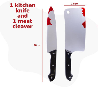 Fake Bloody Knife Set for Halloween - Bloody Knife Prop Set with Meat Cleaver and Kitchen Knife - Two Highly Detailed Plastic Knives for Halloween Costumes - Toy Knife Set with Blood