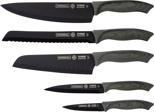 Stainless Steel, Set of 5 Black Kitchen Knives with Plastic Protectors, Ideal for All Cutting, Slicing, and Chopping Needs, Sleek Black Blades with Comfortable Ergonomic Handles