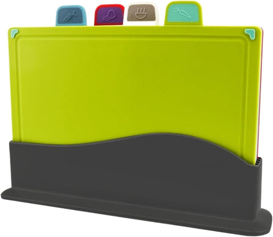 4-Piece Plastic Cutting Board Set with Holder, Xmas | Four color-coded boards with storage stand; dishwasher-safe; holiday-themed design.