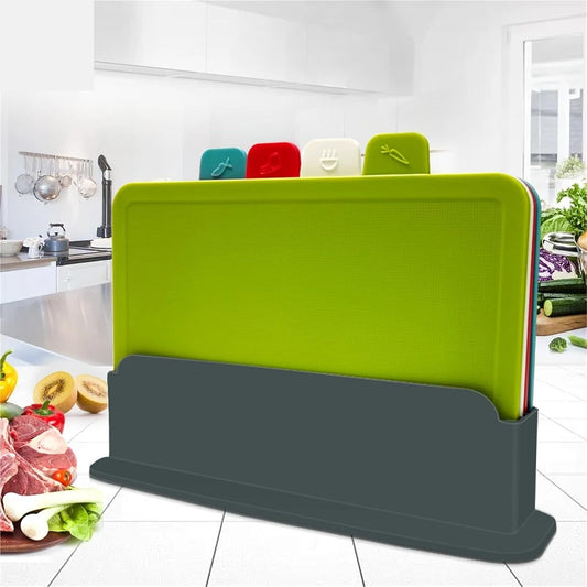 4-Piece Plastic Cutting Board Set with Holder, Xmas | Four color-coded boards with storage stand; dishwasher-safe; holiday-themed design.