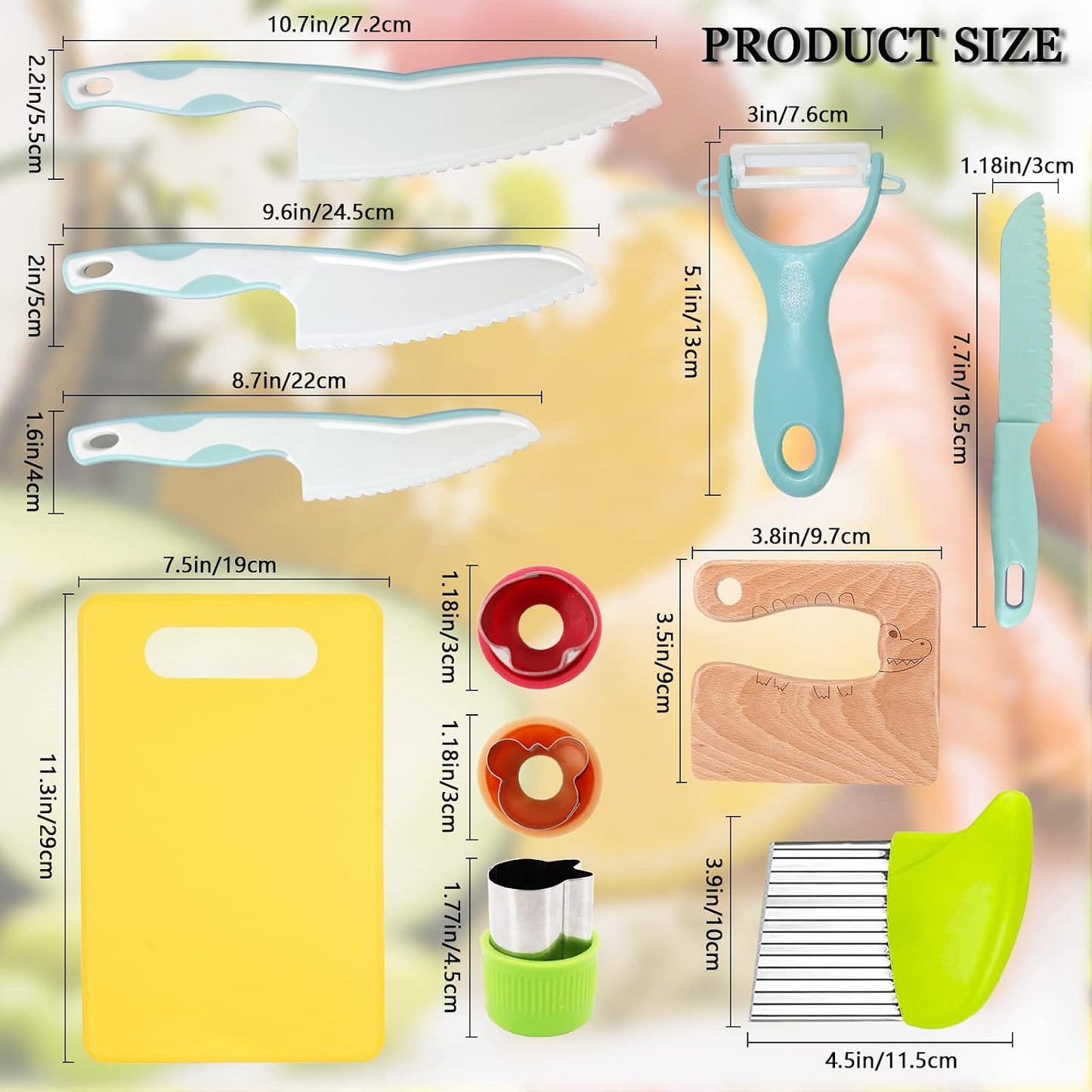 11 Pieces Wooden Kids Kitchen Knife, Blue Kids Knife Set Include Wood Kids Knife, Serrated Edges Plastic Toddler Knife, Crinkle Cutter, Sandwich Cutter, Y Peeler, Cutting Board