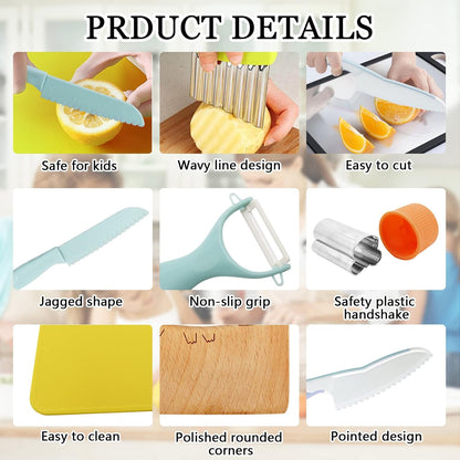 11 Pieces Wooden Kids Kitchen Knife, Blue Kids Knife Set Include Wood Kids Knife, Serrated Edges Plastic Toddler Knife, Crinkle Cutter, Sandwich Cutter, Y Peeler, Cutting Board