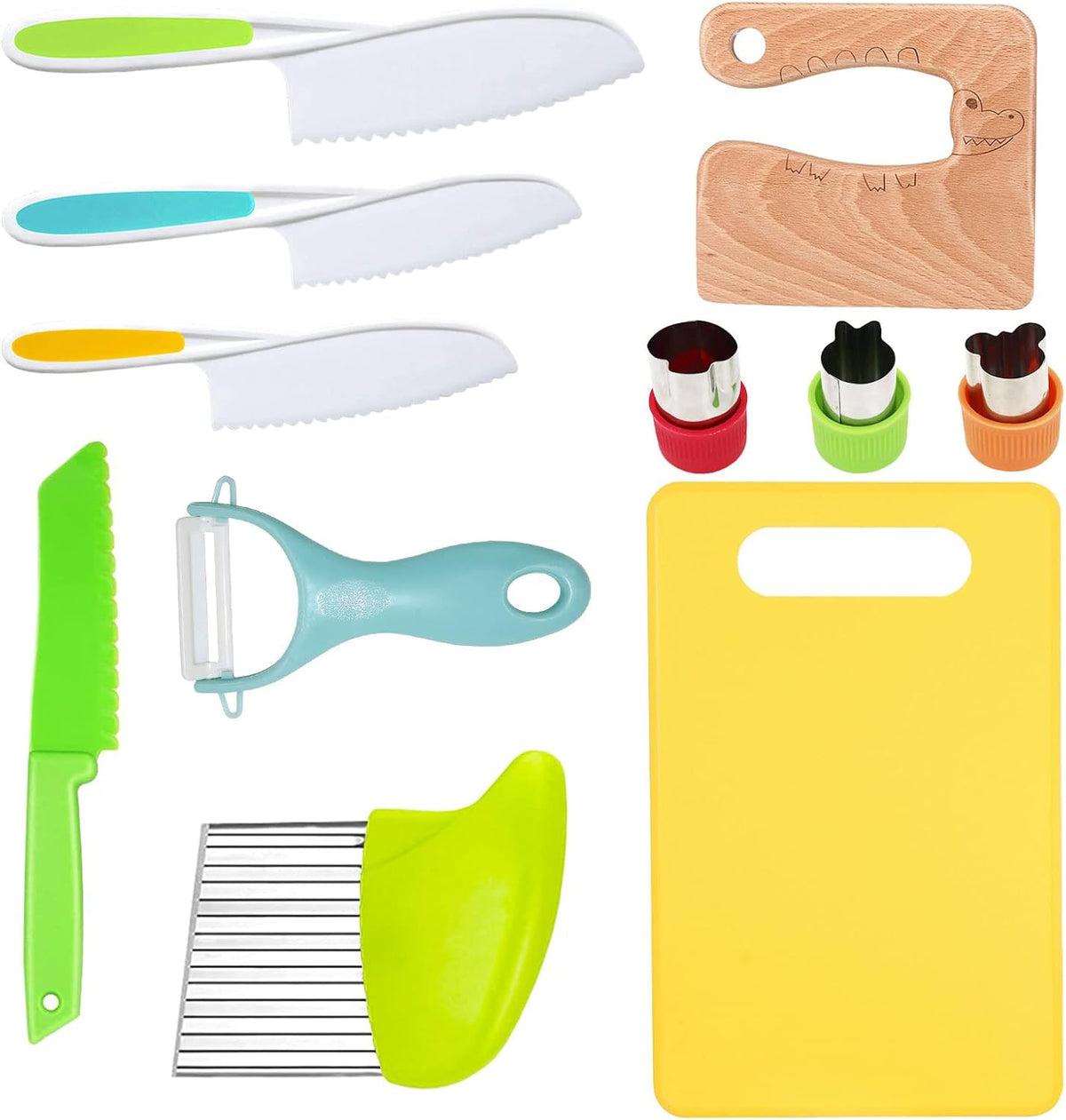 11 Pieces Wooden Kids Kitchen Knife, Blue Kids Knife Set Include Wood Kids Knife, Serrated Edges Plastic Toddler Knife, Crinkle Cutter, Sandwich Cutter, Y Peeler, Cutting Board