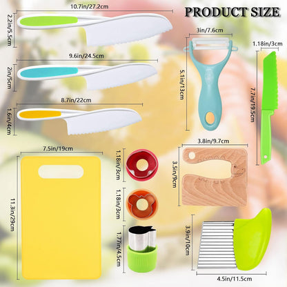 11 Pieces Wooden Kids Kitchen Knife, Blue Kids Knife Set Include Wood Kids Knife, Serrated Edges Plastic Toddler Knife, Crinkle Cutter, Sandwich Cutter, Y Peeler, Cutting Board