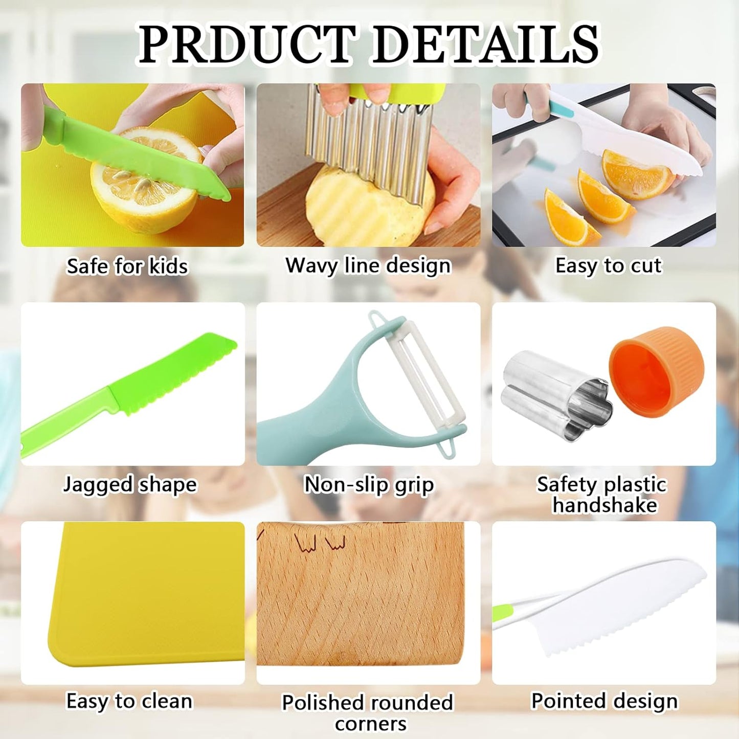 11 Pieces Wooden Kids Kitchen Knife, Blue Kids Knife Set Include Wood Kids Knife, Serrated Edges Plastic Toddler Knife, Crinkle Cutter, Sandwich Cutter, Y Peeler, Cutting Board