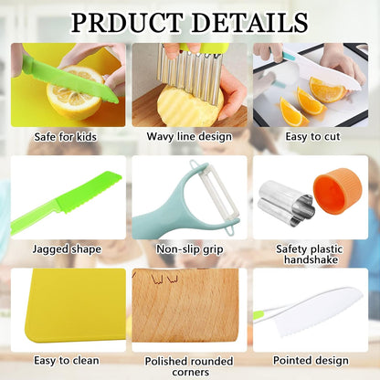 11 Pieces Wooden Kids Kitchen Knife, Blue Kids Knife Set Include Wood Kids Knife, Serrated Edges Plastic Toddler Knife, Crinkle Cutter, Sandwich Cutter, Y Peeler, Cutting Board