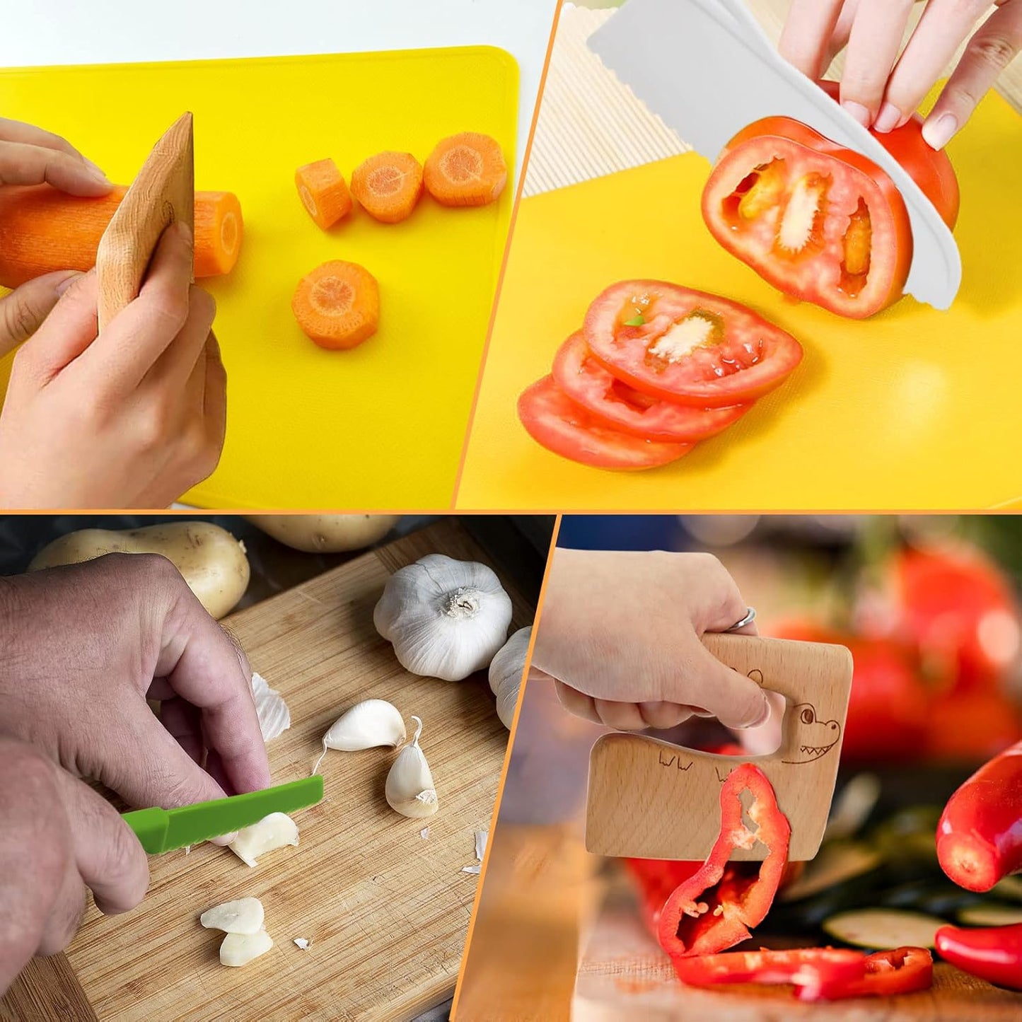11 Pieces Wooden Kids Kitchen Knife, Blue Kids Knife Set Include Wood Kids Knife, Serrated Edges Plastic Toddler Knife, Crinkle Cutter, Sandwich Cutter, Y Peeler, Cutting Board