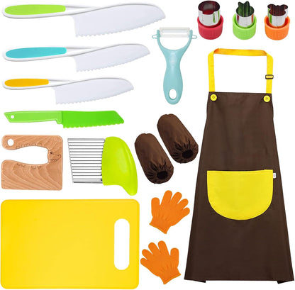 11 Pieces Wooden Kids Kitchen Knife, Blue Kids Knife Set Include Wood Kids Knife, Serrated Edges Plastic Toddler Knife, Crinkle Cutter, Sandwich Cutter, Y Peeler, Cutting Board