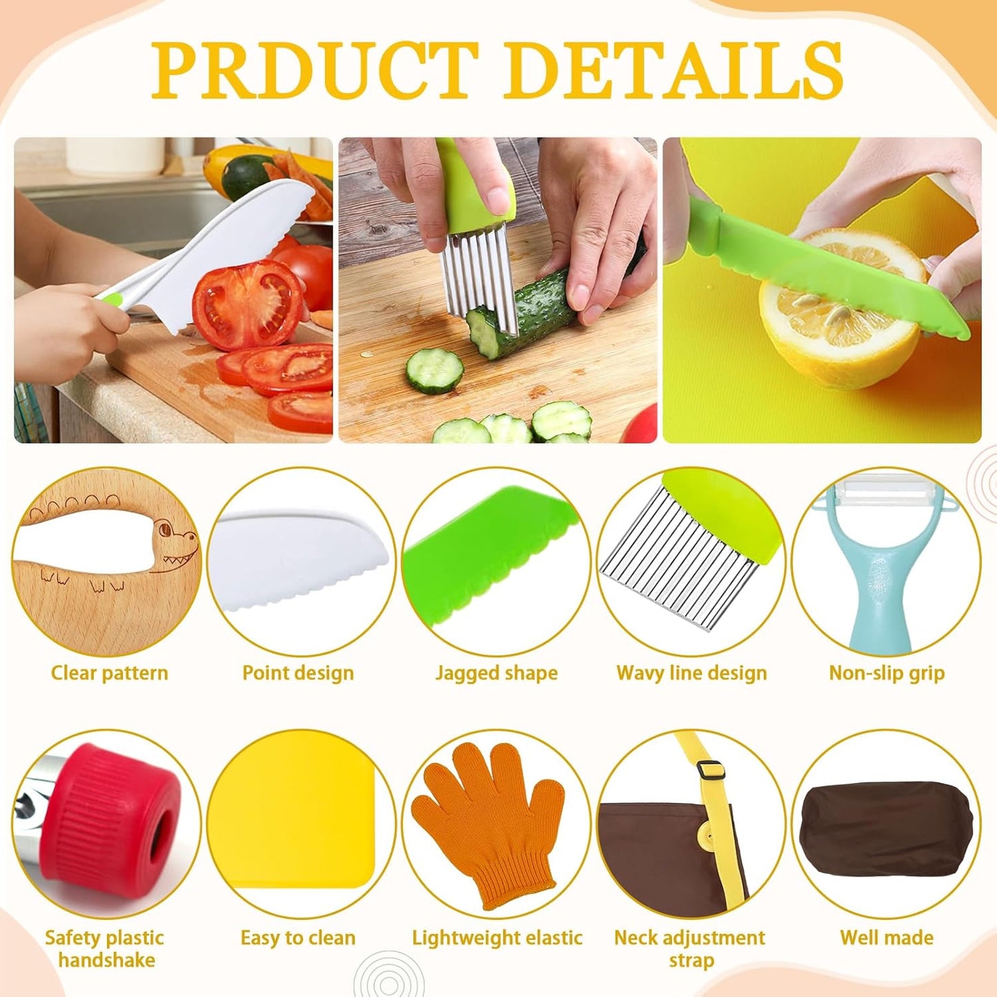 11 Pieces Wooden Kids Kitchen Knife, Blue Kids Knife Set Include Wood Kids Knife, Serrated Edges Plastic Toddler Knife, Crinkle Cutter, Sandwich Cutter, Y Peeler, Cutting Board