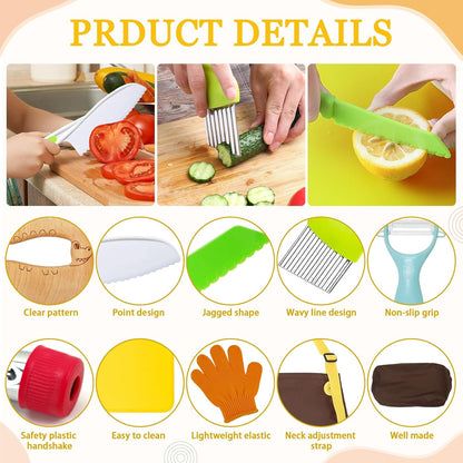 11 Pieces Wooden Kids Kitchen Knife, Blue Kids Knife Set Include Wood Kids Knife, Serrated Edges Plastic Toddler Knife, Crinkle Cutter, Sandwich Cutter, Y Peeler, Cutting Board