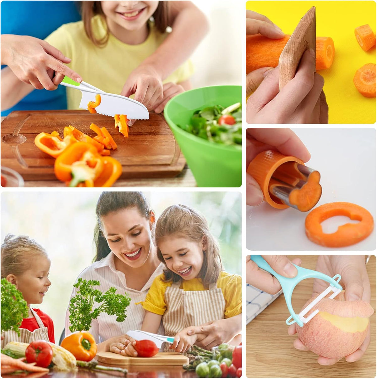 11 Pieces Wooden Kids Kitchen Knife, Blue Kids Knife Set Include Wood Kids Knife, Serrated Edges Plastic Toddler Knife, Crinkle Cutter, Sandwich Cutter, Y Peeler, Cutting Board