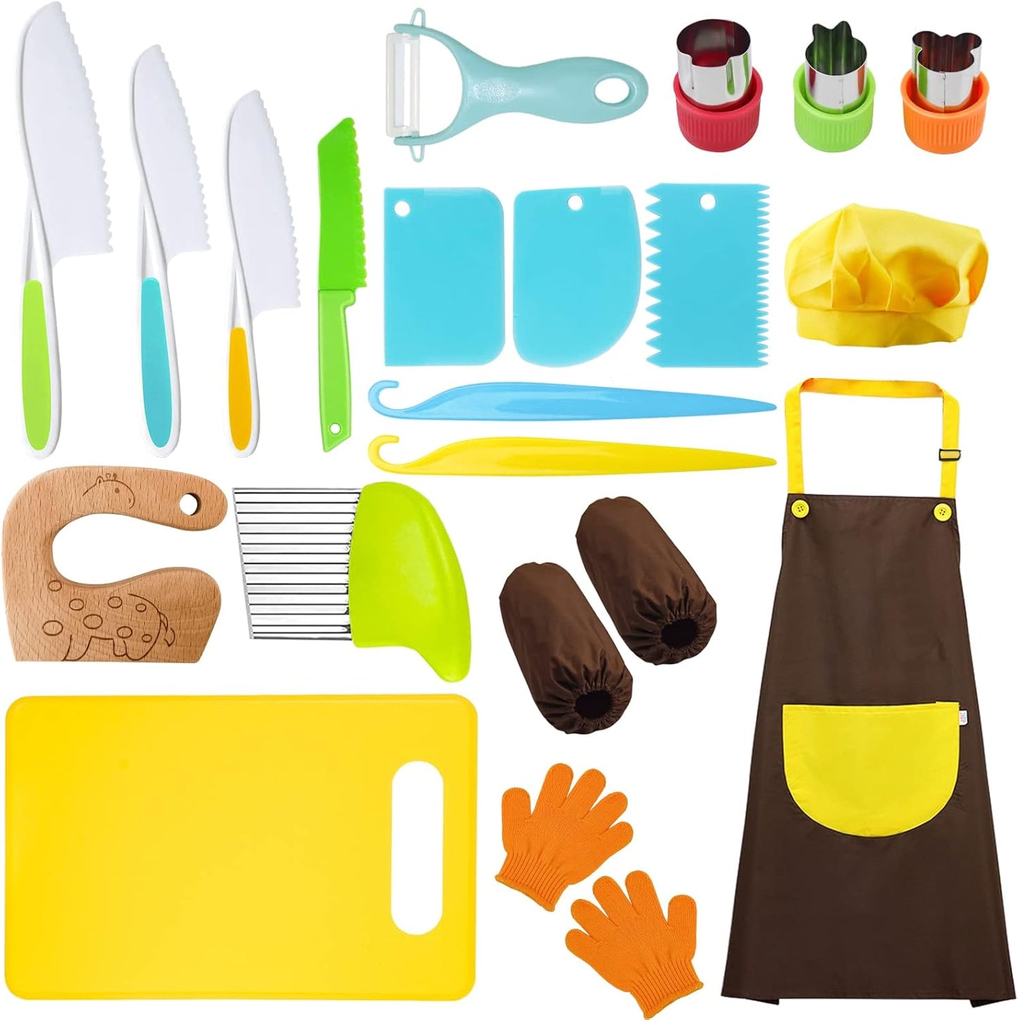 11 Pieces Wooden Kids Kitchen Knife, Blue Kids Knife Set Include Wood Kids Knife, Serrated Edges Plastic Toddler Knife, Crinkle Cutter, Sandwich Cutter, Y Peeler, Cutting Board