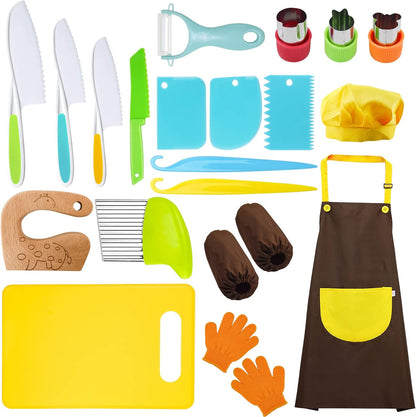 11 Pieces Wooden Kids Kitchen Knife, Blue Kids Knife Set Include Wood Kids Knife, Serrated Edges Plastic Toddler Knife, Crinkle Cutter, Sandwich Cutter, Y Peeler, Cutting Board