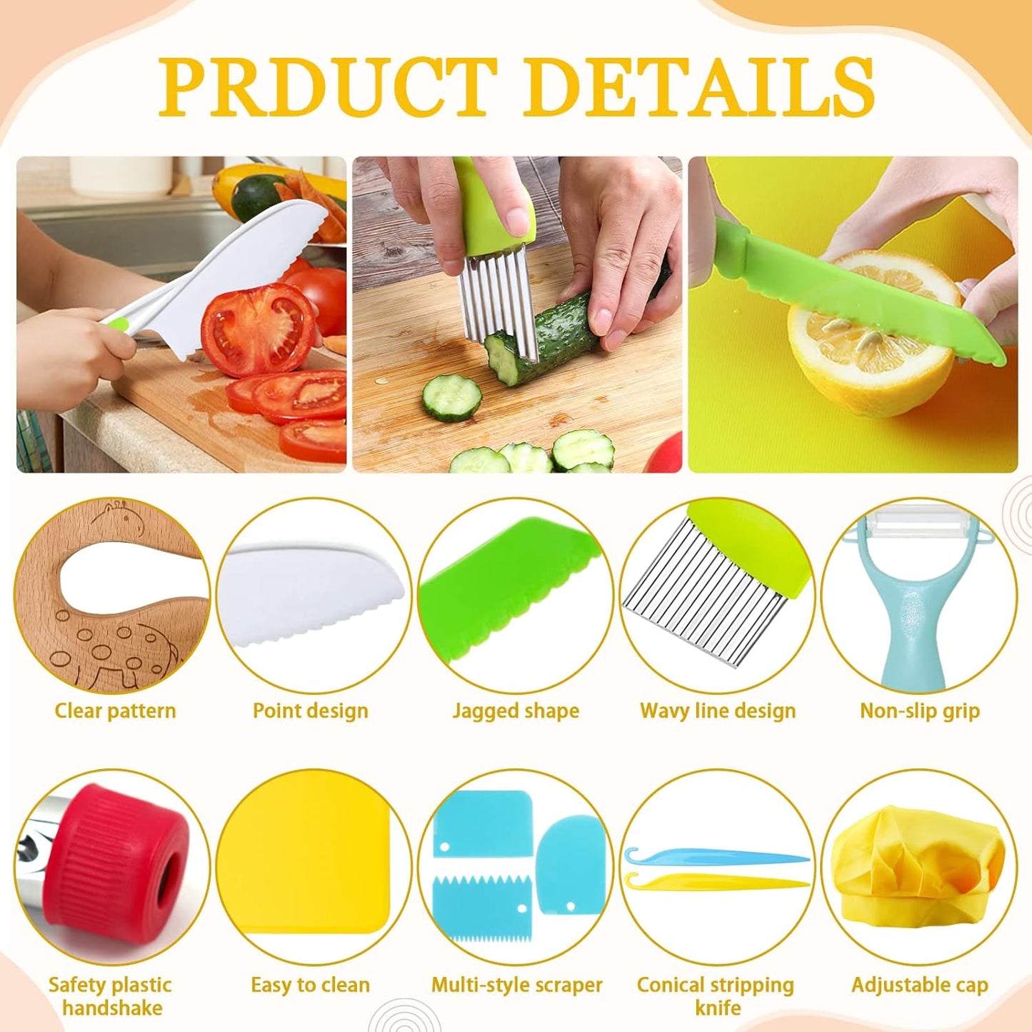 11 Pieces Wooden Kids Kitchen Knife, Blue Kids Knife Set Include Wood Kids Knife, Serrated Edges Plastic Toddler Knife, Crinkle Cutter, Sandwich Cutter, Y Peeler, Cutting Board