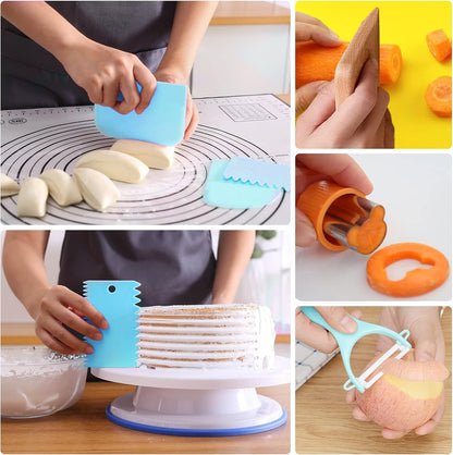11 Pieces Wooden Kids Kitchen Knife, Blue Kids Knife Set Include Wood Kids Knife, Serrated Edges Plastic Toddler Knife, Crinkle Cutter, Sandwich Cutter, Y Peeler, Cutting Board