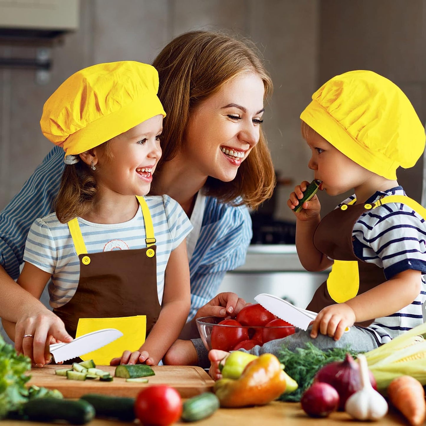 11 Pieces Wooden Kids Kitchen Knife, Blue Kids Knife Set Include Wood Kids Knife, Serrated Edges Plastic Toddler Knife, Crinkle Cutter, Sandwich Cutter, Y Peeler, Cutting Board